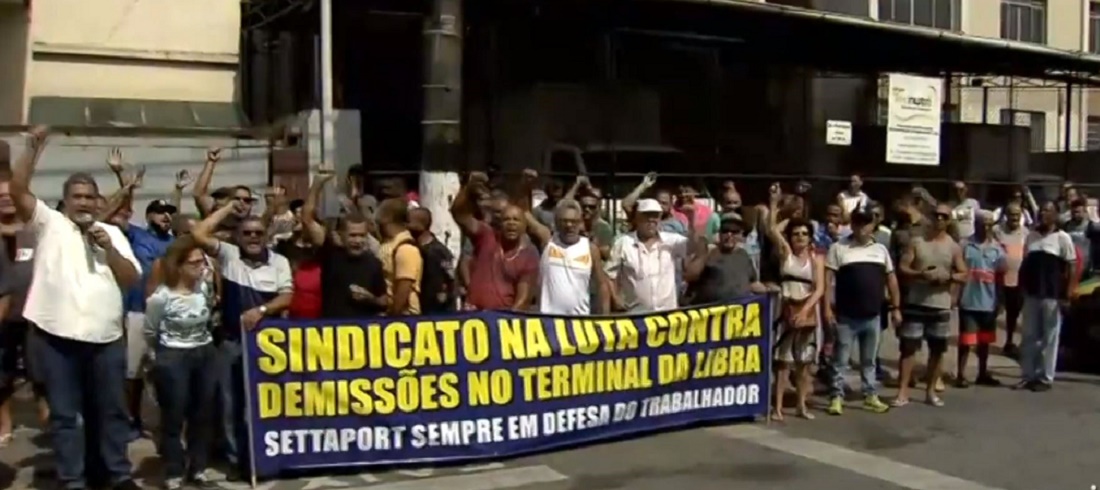 Libra employees and truckers union protest at the Port of Santos